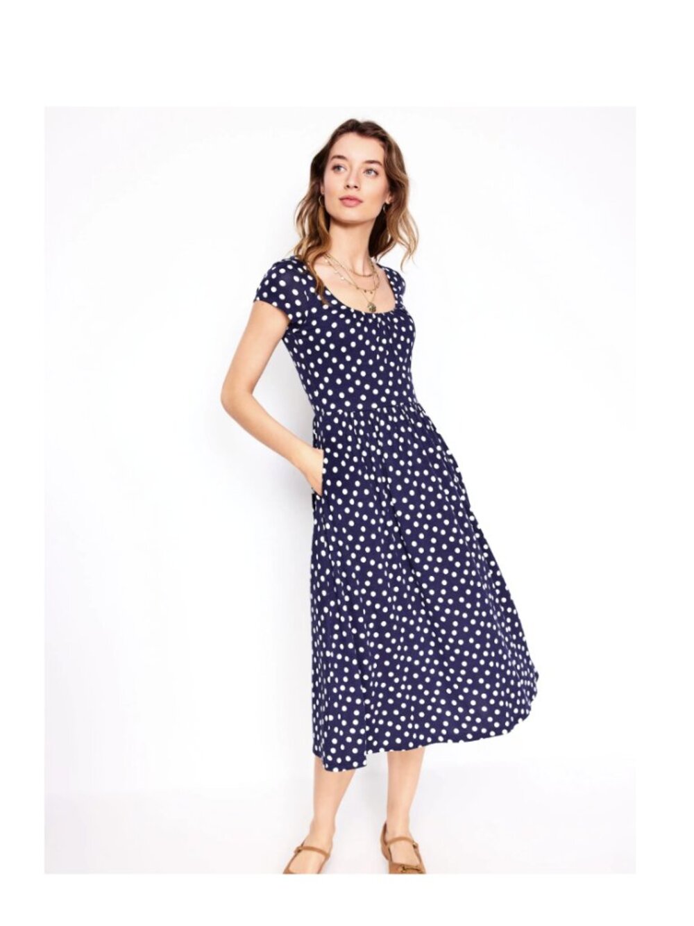 Boden Womens Samantha Scoop Jersey Midi Dress 12 French Navy Polka Dot D1283
